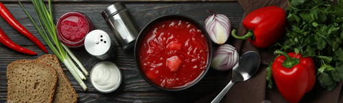 Preview: Concept of tasty food with borscht and ingredients on wooden background