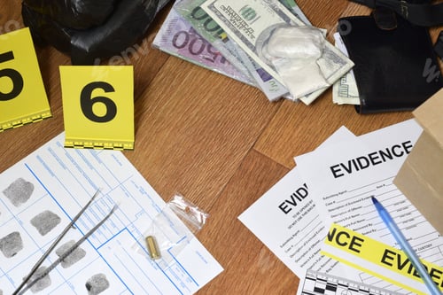 Preview: Evidence Chain of Custody Labels and brown paper bag with fingerprints applicant card lies against