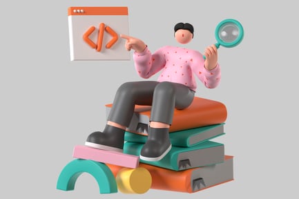 Preview: Person sitting on books and pointing to computer with magnifying glass