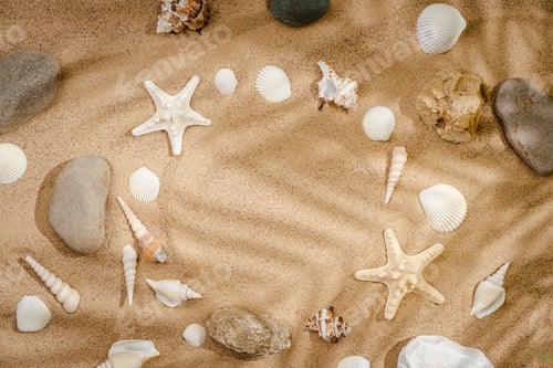 Preview: starfishes and sea shells on sand