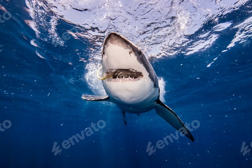 Preview: Underwater view of white shark with bait in mouth, Campeche, Mexico