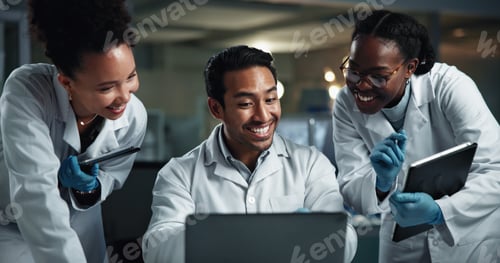 Preview: Man, group and scientist with laptop, smile and laboratory for results, progress or medical researc