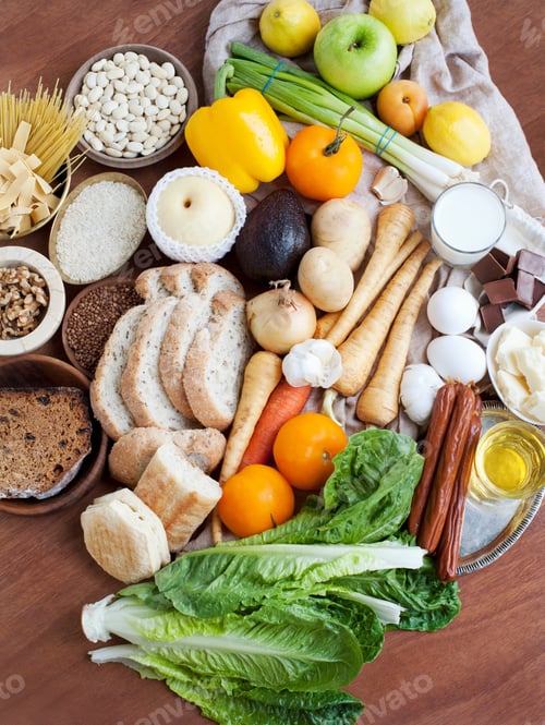 Preview: Still life of fresh foods on table
