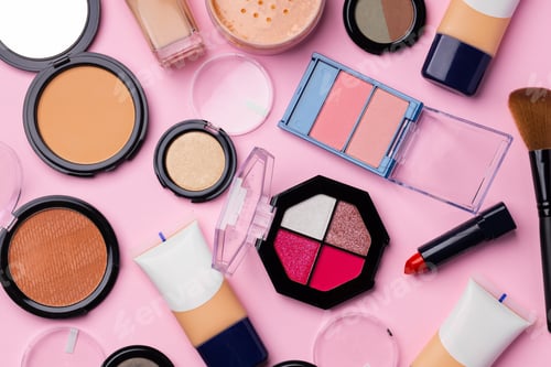Preview: Complexion make up products and brush on pink background