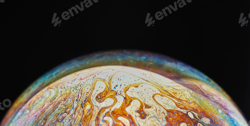 Preview: Virtual reality space with abstract multicolor psychedelic planet. Closeup Soap bubble like