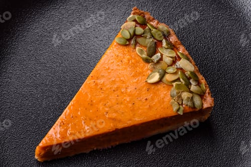 Preview: Beautiful tasty pumpkin pie with slices on a black ceramic plate