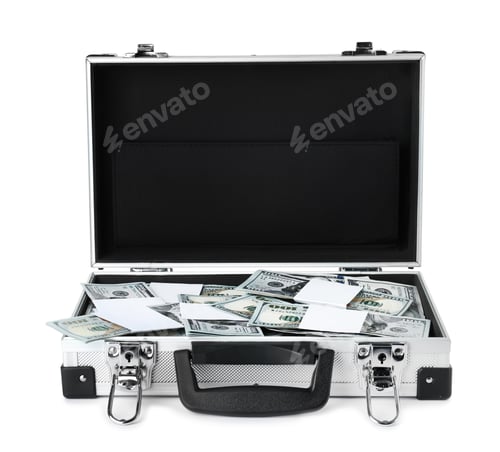 Preview: Open suitcase full of money on white background
