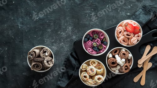 Preview: rolled ice creams in cone cups on dark background