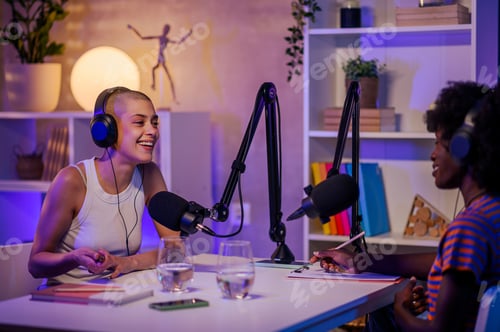 Preview: Two podcasters sitting in a home recording studio and making video content