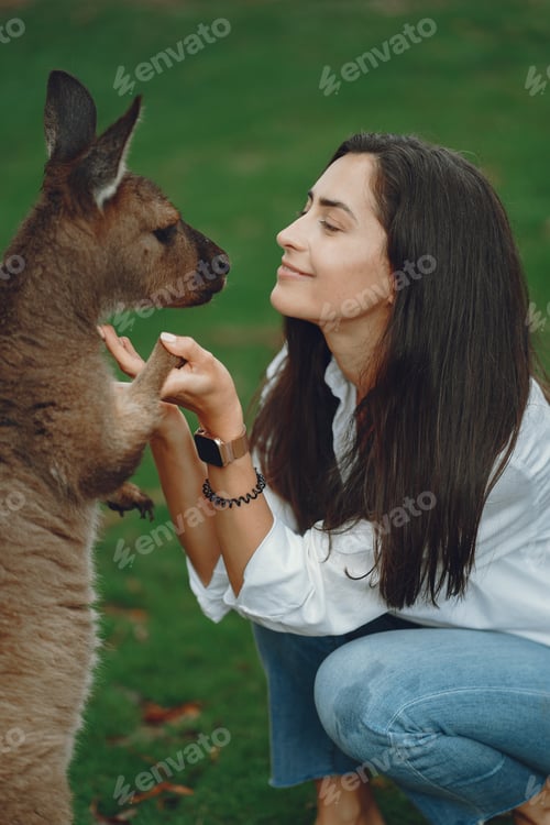 Preview: Woman in the reserve is playing with a kangaroo