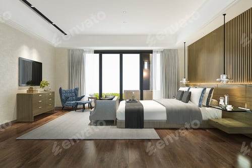 Preview: 3d rendering beautiful luxury bedroom suite in hotel with tv