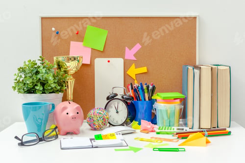 Preview: Work place of a creative person with a variety of colorful stationery objects