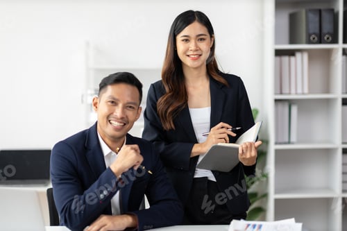 Preview: Portrait of colleagues working together in business enterprise office.