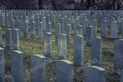 Preview: Back of Army Headstone and Graveyard Cemetery during a Sad Day o