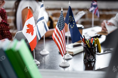 Preview: selective focus of flags of america, canada, european union and israel
