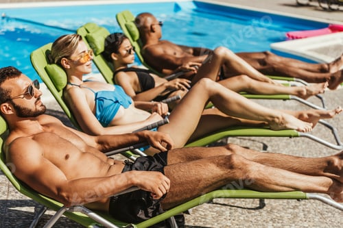 Preview: multicultural friends in swimsuits sunbathing on sunbeds at poolside, selective focus