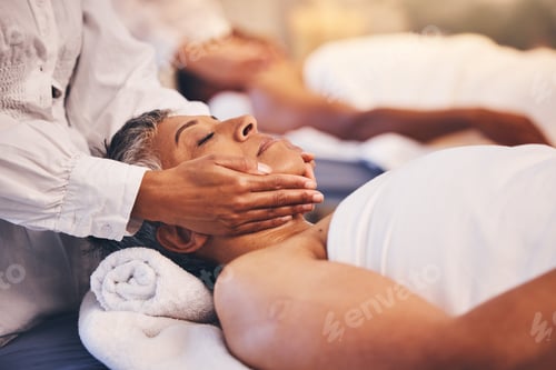 Preview: Spa, facial and massage of senior woman for peace, relaxation and wellness procedure lifestyle. Hea