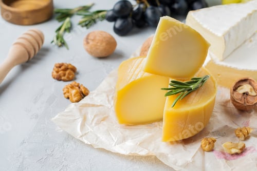 Preview: Stack Camembert cheese with grapes, walnuts and basil on gray light concrete or stone background. Se