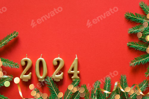 Preview: Red Christmas background. Top view photo of Christmas tree branches and cones