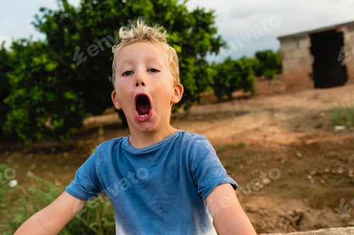 Preview: Blond boy making funny faces outdoors