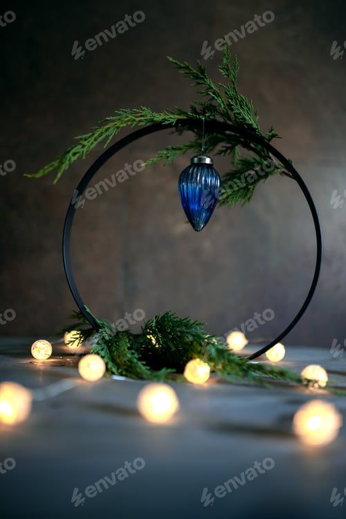 Preview: Blue Christmas decoration with spruce twigs with garland lights