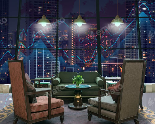 Preview: Lobby area of a hotel which can see Trading graph on the cityscape at night and world map
