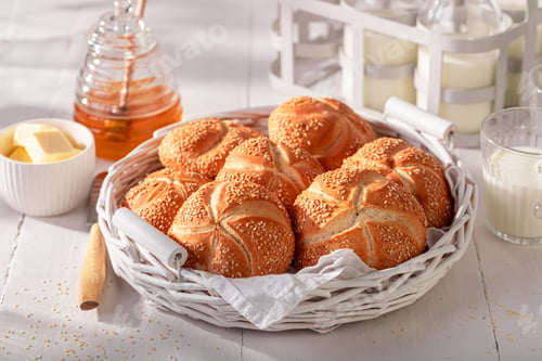 Preview: Tasty Kaiser buns with sesame baked for golden brown.