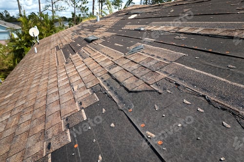 Preview: Wind damaged house roof with missing asphalt shingles after hurricane Ian in Florida.