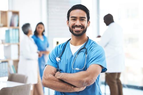 Preview: Medical, arms crossed doctor with portrait of man for healthcare, surgery and happy. Smile, medicin