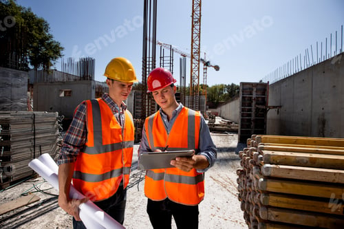 Preview: Architect and structural engineer dressed in orange work vests and helmets discuss a building