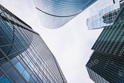 Preview: bottom up view of Moscow city skyscrapers, business district glass towers frame, Moscow 28-06-2020