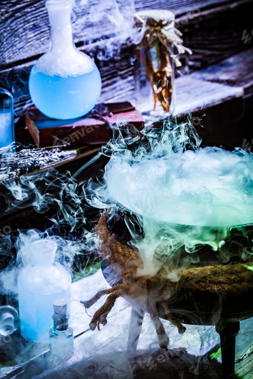 Preview: Full of magic mixture witcher cauldron with blue potions for Halloween