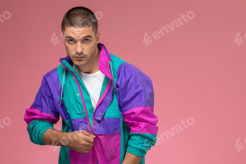 Preview: front view young male in white t-shirt and colorful coat on pink background male model emotion man