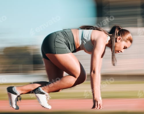 Preview: Start, running and fast with woman on race track for fitness, speed and marathon exercise. Competit