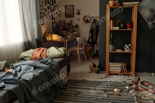 Preview: Interior of messy bedroom after booze