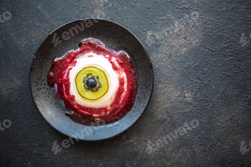 Preview: Halloween dessert bloody eye from vanilla panna cotta and kiwi with berry syrup