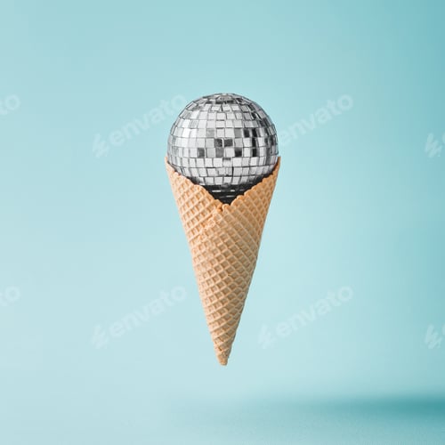 Preview: Disco ball ice cream on bright blue background. Minimal party concept.
