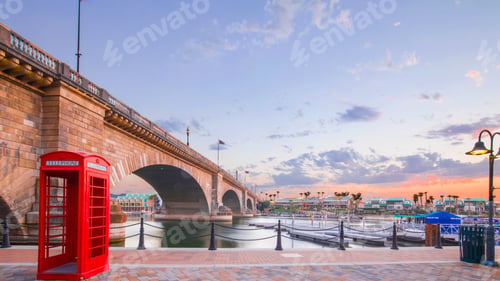 Preview: London Bridge in Lake Havasu City at sunset twilight hours. Late afternoon golden hour.