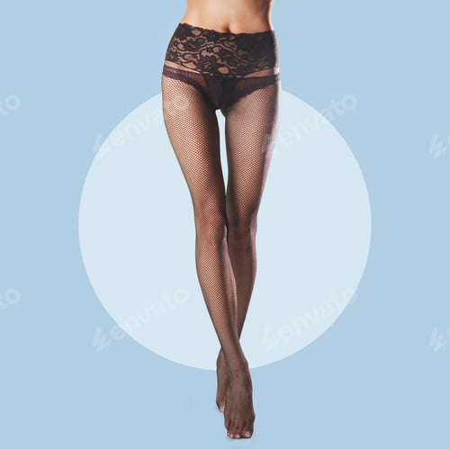 Preview: Long female legs in fishnet pantyhose with lacing on waist