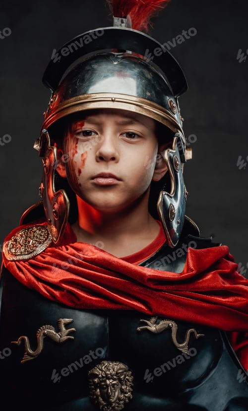 Preview: Little legionary with blood on his face in dark background