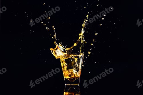 Preview: Isolated shot of whiskey with splash on black background, brandy in a glass