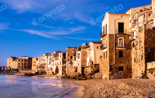 Preview: Cefalu, medieval town on Sicily island, Italy at sunset