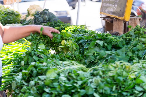 Preview: Person selecting fresh green vegetables at a market stall