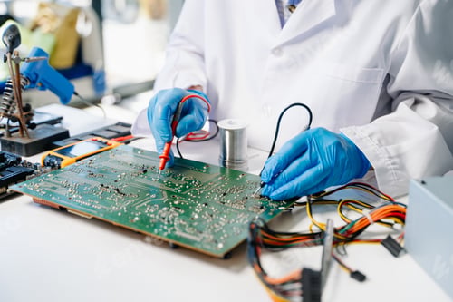 Preview: The technician repairing the motherboard in the lab with copy space. the concept
