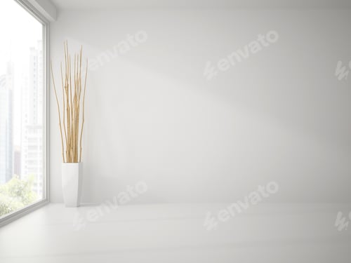 Preview: Empty clean white room with branches decor 3D rendering
