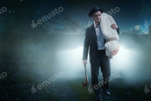 Sinister Man Carries Sack with Axe in the Night