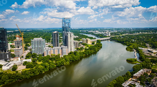 Preview: Aerial view of downtown Austin with modern buildings along the riverbank. Texas, USA