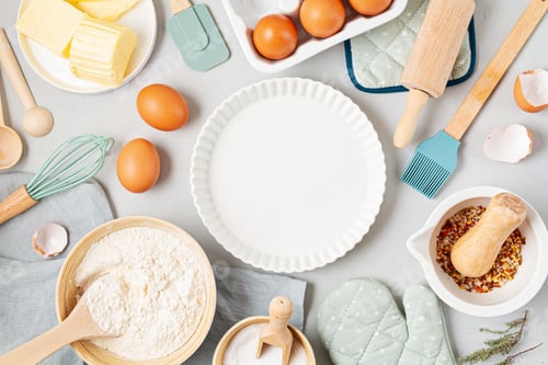 Preview: Rustic baking ingredients flat lay. Homemade pastry, baking