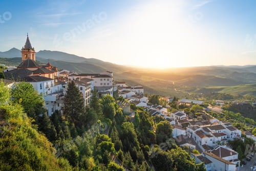 Preview: Zahara de la Sierra at sunset with Santa Maria de la Mesa Church - Zahara de la Sierra, Spain