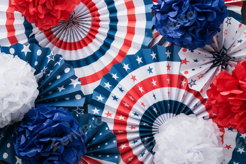 Preview: 4th of July background. USA paper fans, Red, blue, white stars, balloons, gold confetti on gray dark